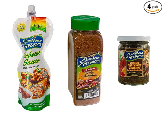 Ultimate Jerk BBQ Bundle | Premium Dry Jerk Powder 30 Oz | Jerk BBQ Sauce 17 Oz | Roasted Scotch Bonnet Pepper Chutney (13 Oz) For Extra Heat And Flavour