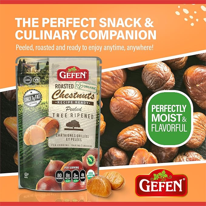 Gefen Organic Whole Peeled and Roasted Chestnuts 3oz (24 Pack) | Chestnuts Peeled and Ready to Eat | Great for Cooking &amp Baking | Gluten Free | Kosher