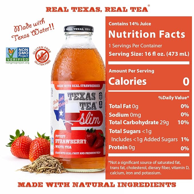 Texas Tea SLIM Poteet Strawberry White Tea – Zero Calories Reduced Sugar Organic White Tea with Real Texas Strawberries Small-Batch Brewed 12-Pack 16oz Glass Bottles