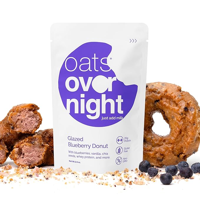 Oats Overnight Glazed Blueberry Donut - Overnight Oats with 20g Whey Protein High Fiber Breakfast Protein Shake - Gluten Free Oatmeal Non GMO High Protein Oatmeal (2.8 oz per Meal) (8 Pack)