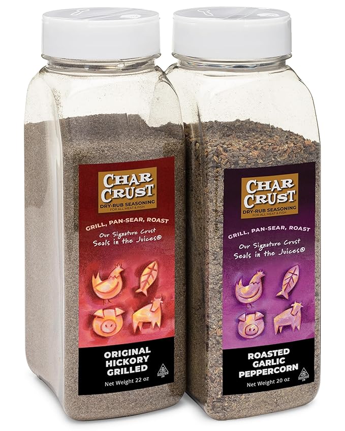 Char Crust Dry-Rub Seasoning 2-Pack Shaker Jars | Original Hickory Grilled and Roasted Garlic Peppercorn | BBQ Rub Seasoning for Steak Chicken Burgers Fish | 20-22 oz Each (Pack of 2)