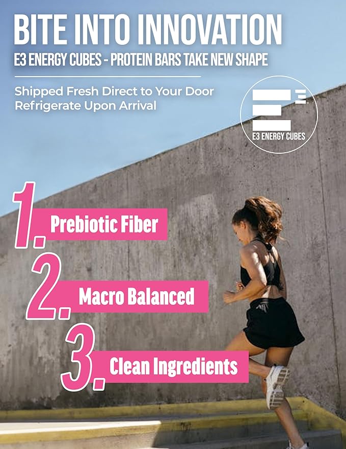 E3 Energy Cubes- Almond Cherry Refrigerated Protein Bars - (66g) 14g Protein | 13g Fiber | Gluten Free Dairy Free Soy Free Non-GMO No Artificial Ingredients Macro Smart Prebiotic Fiber Rich | Ma