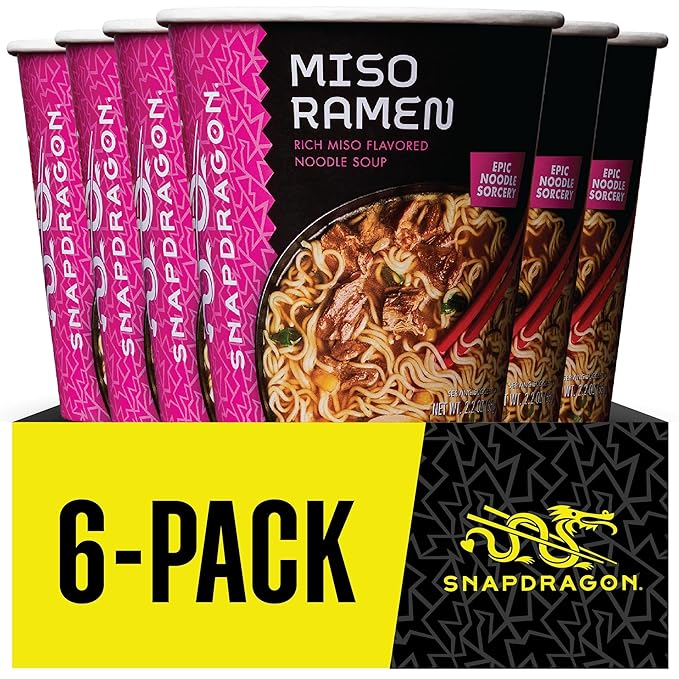 Snapdragon Miso Ramen Cup Noodles - 6 Pack Instant Ramen Bowl with Authentic Wheat Noodles Soup Sauce Base Vege Pack and Flavoring Chili Oil. Microwave or Hot Water Easy Meal Prep