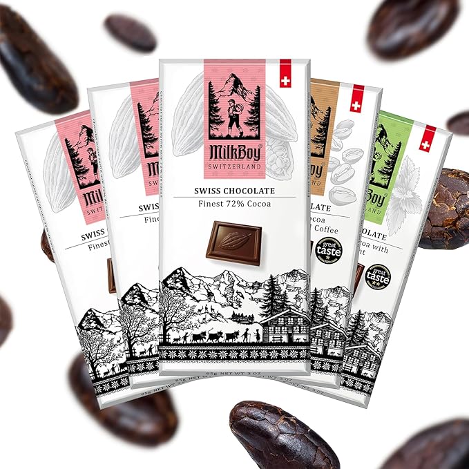 Milkboy Swiss Chocolates 72% Dark Chocolates Variety Pack - Chocolate Bars - Crafted in Switzerland - All Natural Sustainably Farmed Cocoa - Gluten &amp GMO Free Vegan - 3 oz (Pack of 5)