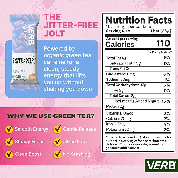 Verb Caffeinated Energy Bars Birthday Cake (26g Pack of 16) 110-Calorie Delicious Low Sugar Energy Bar - Vegan Gluten Free On-the Go Snack with 80mg Green Tea Caffeine Only Real-Food Ingredients
