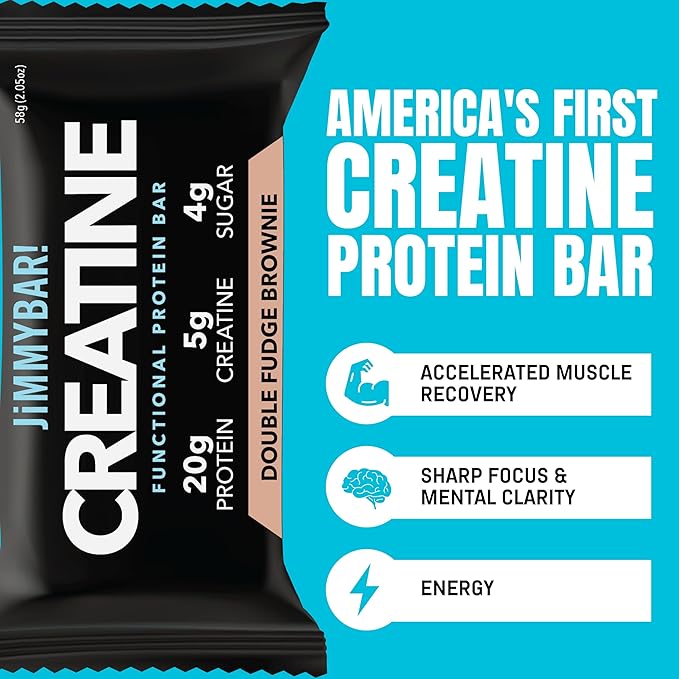 (NEW) JiMMYBAR! Creatine Protein Bar - 5g of Creatine Monohydrate + 20g Protein - High Protein Snack - Supports Muscle Growth Strength &amp Recovery - Real Food Energy Bar for Athletes | Double Fudg