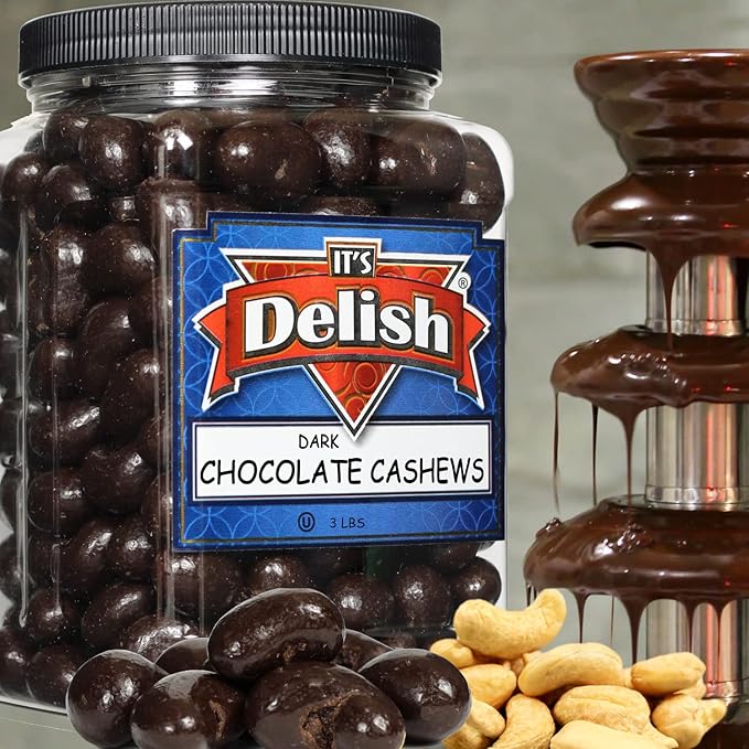 Sugar Free Dark Chocolate Covered Cashews by Its Delish 3 LBS Jumbo Reusable Container (Jar) | Gourmet Dark Chocolate Cashews Healthy Snacks Chocolate Nuts USA Made Vegan Kosher