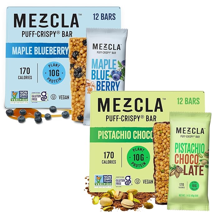 Mezcla Puff Crispy Protein Bars Gluten Free &amp Vegan Protein Bars 10g Protein Granola &amp Breakfast Bars Healthy Snacks for Adults Maple Blueberry (12 Pack) and Pistachio Chocolate (12 Pack)