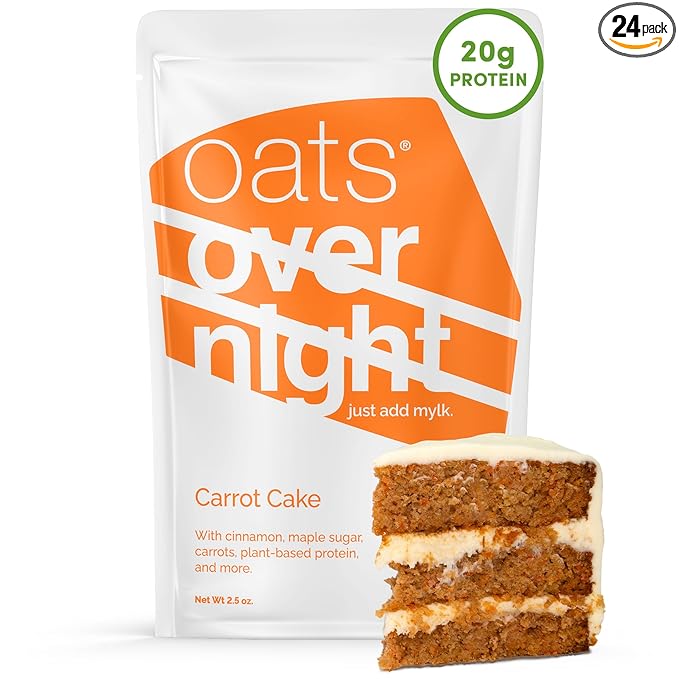 Oats Overnight Carrot Cake - Overnight Oats with 20g Whey Protein High Fiber Breakfast Protein Shake - Gluten Free Oatmeal Non GMO High Protein Oatmeal (2.5 oz per Meal) (24 Pack)