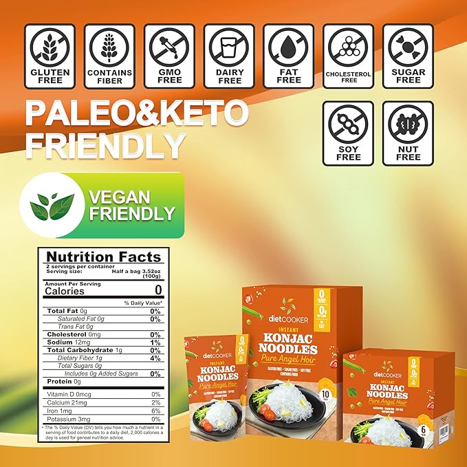 Shirataki Noodle DIET COOKER Premium Konjac Noodle Keto &amp Vegan Friendly 9.52 oz Odor Free Low Calorie Pasta Zero Net Carbs Healthy Diet Food - Angel Hair (6 Packs)