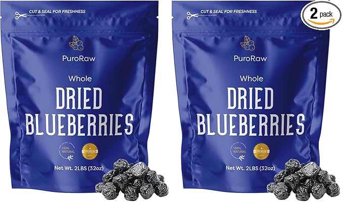 PuroRaw Dried Blueberries No Sugar Added 2 lbs. Blue Berries Fruit Dehydrated Blueberries Fresh Dried Blueberries Bulk Blueberry Raisins. All Natural Non-GMO Batch Tested 2 pounds (Pack of 2)