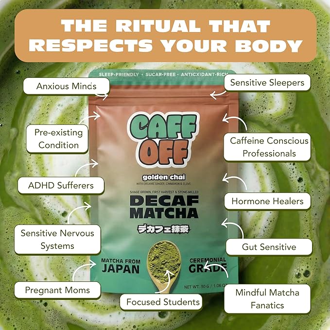 Caff Off Decaf Chai Matcha Green Tea Powder From Japan – 1.06 oz / 30 g – With Real Ground Chai Adaptogen - Ceremonial Grade &amp Sugar-Free – No Fillers or Milk Powders – Naturally Decaffeinated Wit
