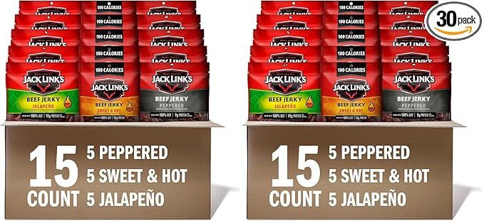 Jack Link's Beef Jerky Bold Variety - Includes Sweet &amp HotJalapeno and Peppered JerkyBulk Protein Snack PackGood Source of ProteinMeat Snacks Made with 100% Beef-1.25 Oz(Pack of 30)