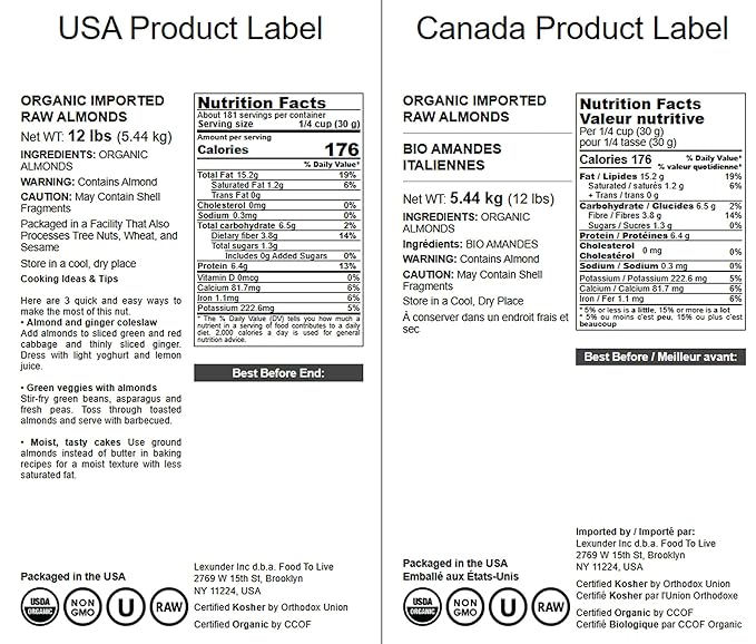 Food to Live - Organic Imported Raw Almonds 12 Pounds Non-GMO Whole No Shell Unpasteurized Unsalted Vegan Kosher Keto-Friendly.