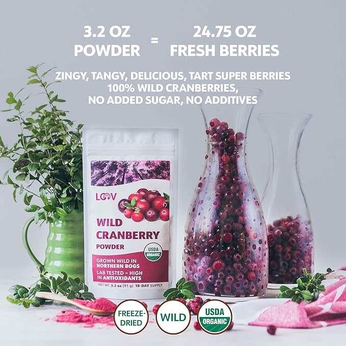 Organic Freeze-Dried Cranberry Powder – Pure 100% Natural Wild Whole Fruit Certified Organic from Nordic Forests – Non-GMO No Added Sugar – 3.2oz (18 Servings)