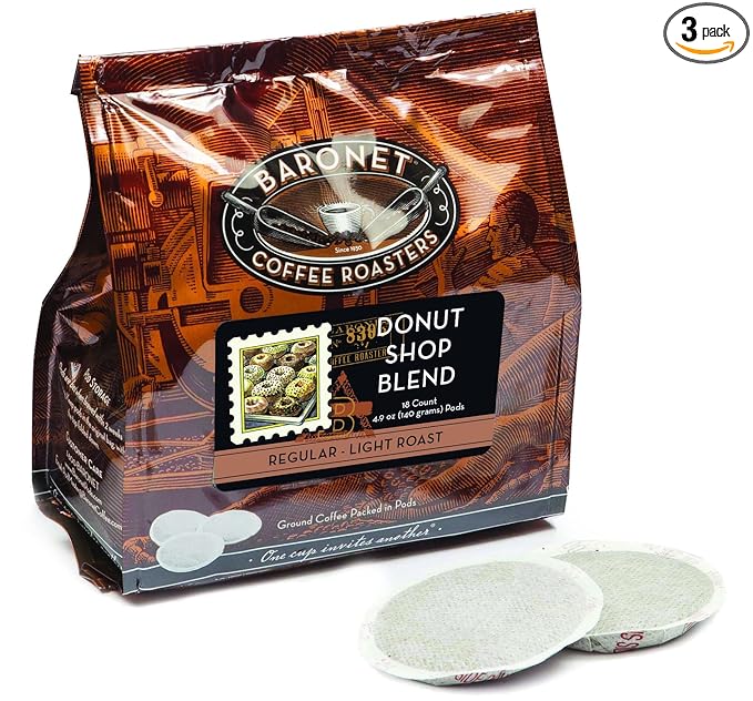 Baronet Coffee Pods [Donut Shop-54 Pods] Single Cup Use Like Senseo Coffee Pods- 3 Bags of 18 Single Serve 8 Gram Pods Regular Strength Soft Coffee Pods Medium Roast [Donut Shop]