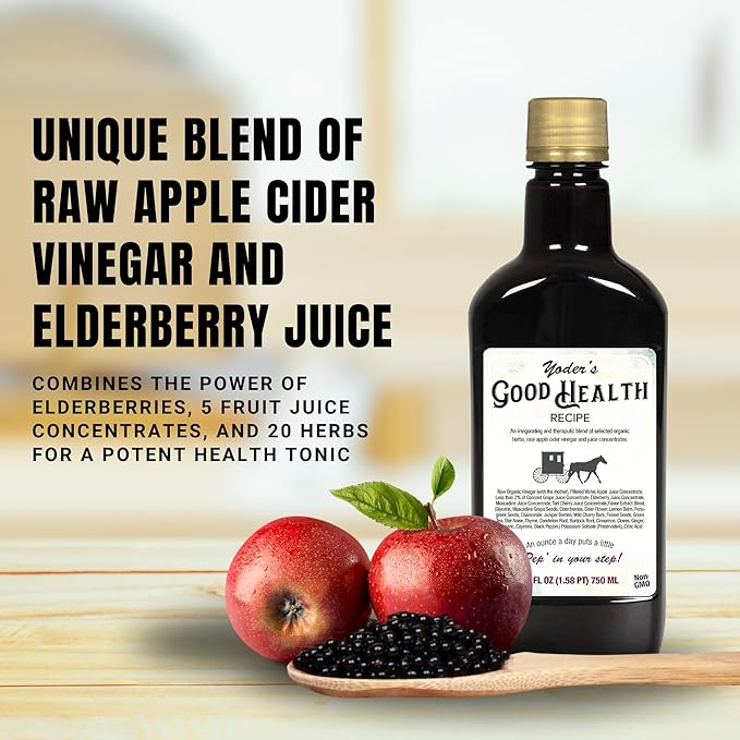 Yoder’s Good Health Recipe Apple Cider Vinegar Liquid Complex 25 oz Amish Harvest Herbal Tonic with Elderberry Juice Organic Wildcrafted Herbs Raw Detoxifying Antioxidants