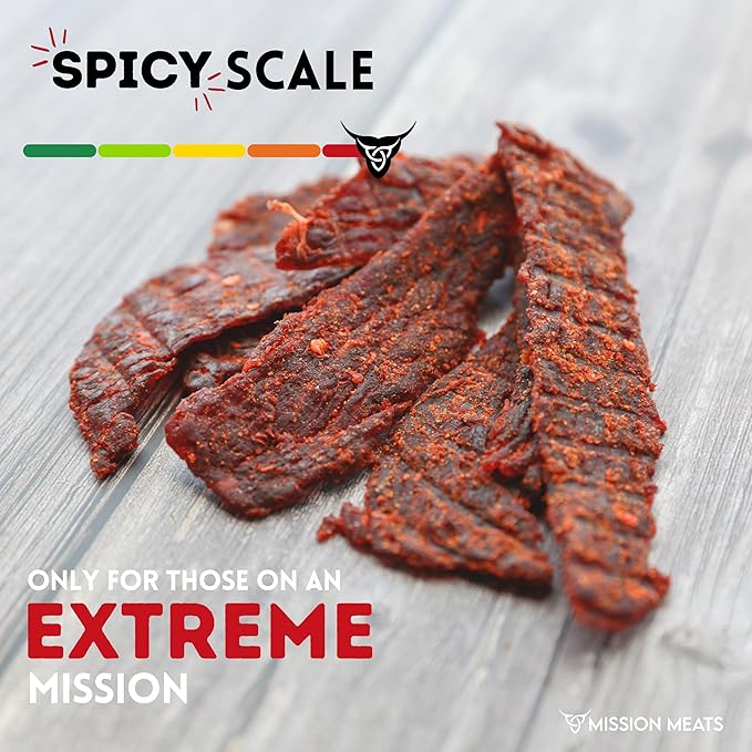 Mission Meats Carolina Reaper Jerky from 100% Grass Fed &amp Pasture Raised Beef Caution: Extremely Spicy Small Batch Hand Crafted Gluten Free 2oz (Pack of 6)