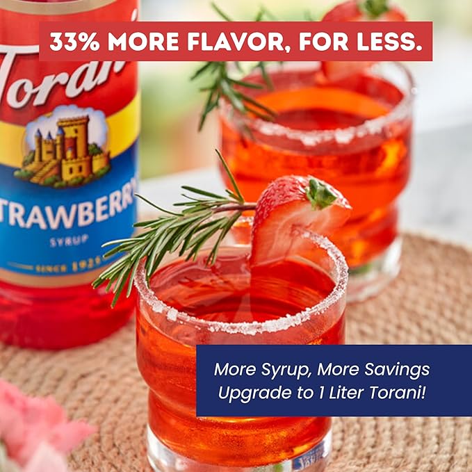 Torani Strawberry Syrup 1 Liter Bottle with Pump – Premium Drink Flavoring Made with Pure Cane Sugar &amp Natural Flavors for Coffee Cocktails Mocktails Lemonades &amp Desserts – Café-Quality Swe