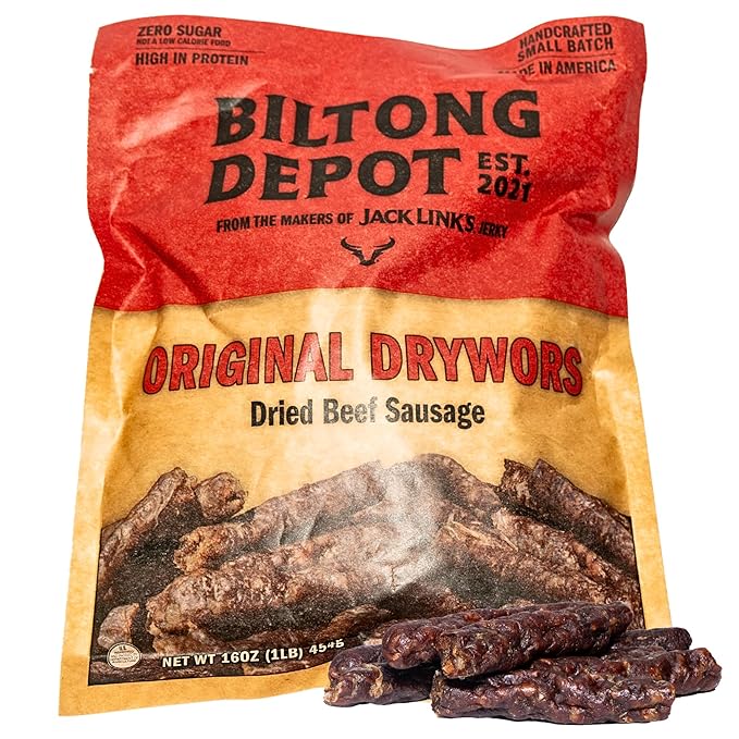 Biltong Depot Original Drywors - 1lb (16oz) | Air-Dried Beef Snack Sticks | High Protein | Keto &amp Paleo Friendly | Zero Sugar | Gluten Free | No Artificial Preservatives | No MSG