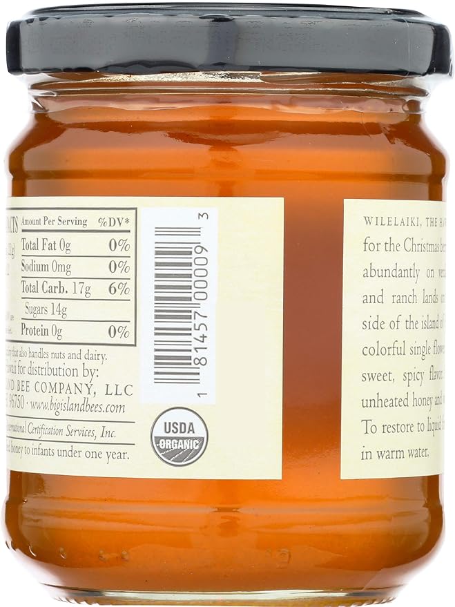 Organic Wilelaiki (Hawaiian Christmas Berry) Raw Honey Single Floral Variety by Big Island Bees (9 oz Glass Jar)