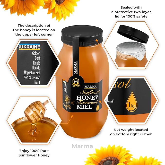 HONIGMA® Marma Sunflower Honey | Authentic Raw Honey from Ukraine | 100% Pure Unpasteurized &amp Fully Crystallized | 1000g/35.2oz | Naturally Solid Texture | Pack of 4