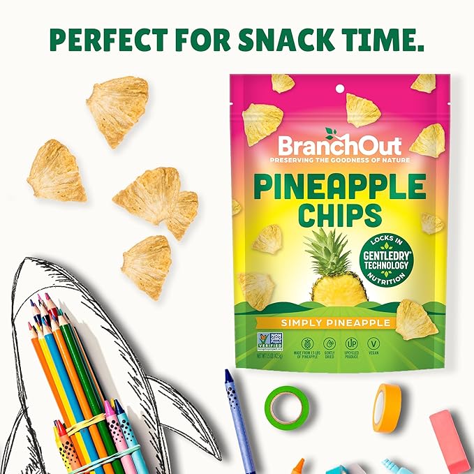 BranchOut Pineapple Chips No Sugar Added Real Dried Pineapple Chunks GentleDry Better than Freeze Dried Pineapple Healthy Vegan Snacks for Kids &amp Adults 1.5 oz (Pack of 4)