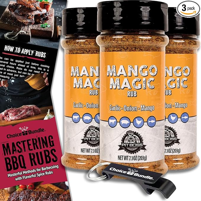 Pit Boss Mango Magic Premium BBQ Barbecue Mixed Seasoning Spice &amp Dry Rub 3 pk Choice Bundle (21.3 oz) + Guide &amp Keychain Bottle Opener (5 Items)!