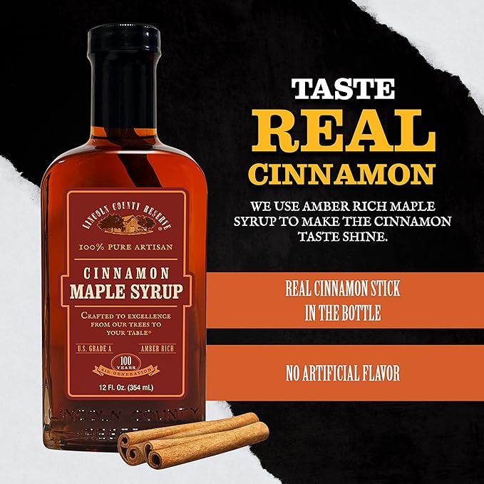 Lincoln County Reserve Cinnamon Maple Syrup Made in USA with Real Cinnamon Stick Amber Rich Grade A Real American Made for French Toast Pancakes Oatmeal and More