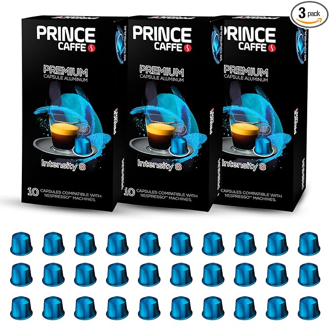 Prince Caffe Espresso Pods – Premium Intensity 8 Medium-Dark Roast The Espresso Coffee Pods Are Compatible with Nespresso Original Line Machines 30 Count (3 x 10 Capsules) Premium Quality Coffee Ca