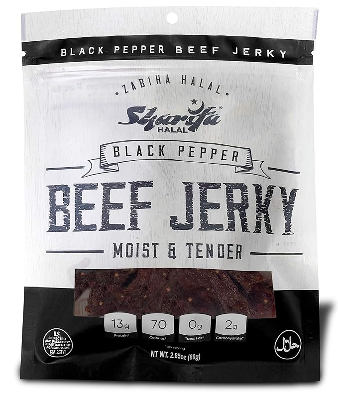 Sharifa Halal Beef Jerky Black Pepper(5 Pack) Each Bag 2.85 oz – Great Everyday Halal Jerky Beef Meat Snack 100 % Real Zabiha Halal Beef 13g of Protein 70 Calories 0g Trans Fat &amp 2g of Carb