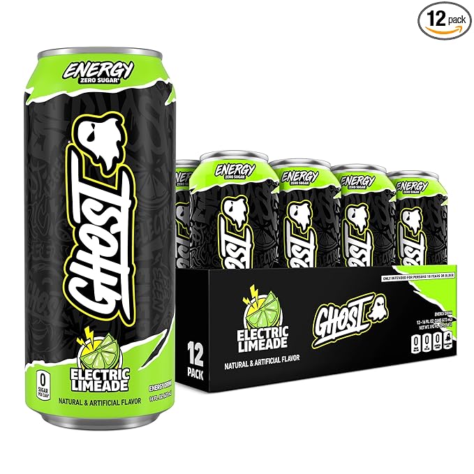 GHOST Energy Drink - 12-Pack Electric Limeade 16oz Cans - Energy &amp Focus &amp No Artificial Colors - 200mg of Natural Caffeine L-Carnitine &amp Taurine - Gluten-Free &amp Vegan