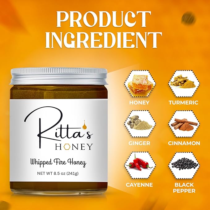 Ritta’s Whipped Fire Honey with Ginger Turmeric Cayenne &amp Cinnamon – 8.5 oz – Immune Boosting Spicy Honey for Tea Toast &amp More Fire Cider Inspired
