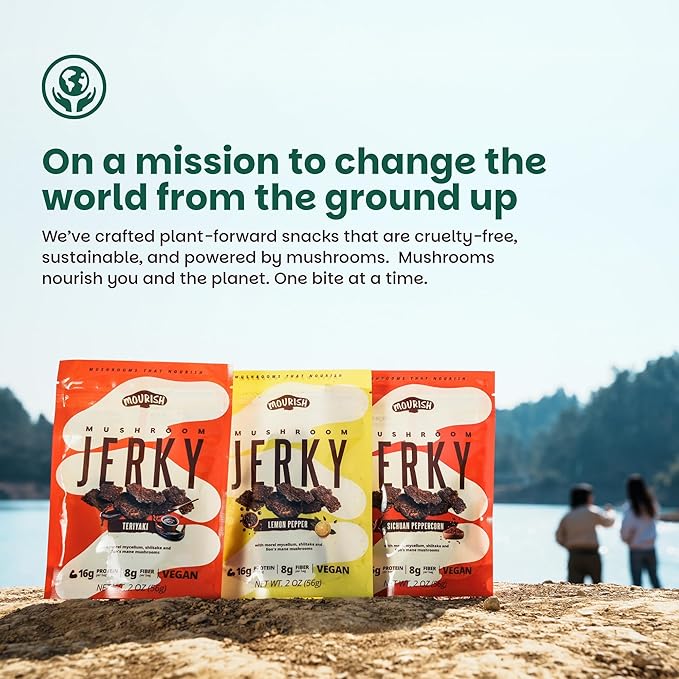 Mourish Vegan Mushroom Jerky Teriyaki Flavor 3 Pack (2 oz) Good Source of Protein and Fiber Plant Based Meat Meatless Healthy Snacks for Hiking Camping Work Travel &amp School