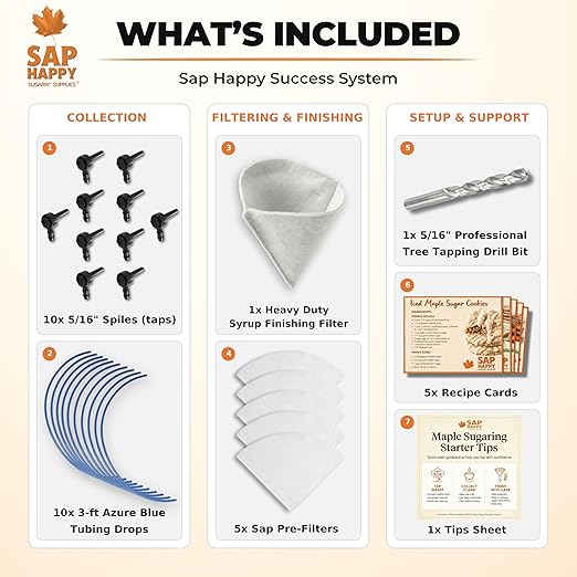Maple Syrup Tapping Kit - (10) Taps for Maple Trees (10) 3' Food Grade Maple Syrup Tubing Drops (5) 1 Quart Maple Syrup Filters Maple Syrup Drill Bit Detailed Instructions Recipe Cards