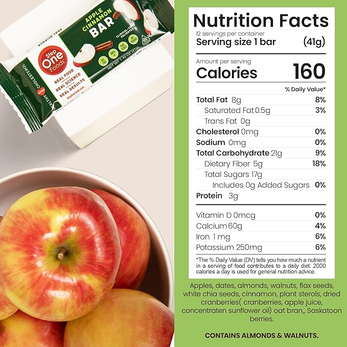 Step One Foods Apple Cinnamon Bars Heart Healthy Snack Plant Sterols Omega 3's and Dietary Fiber Gluten Free Non-GMO Vegan Fruit and Nut Granola Bars (12 Pack)