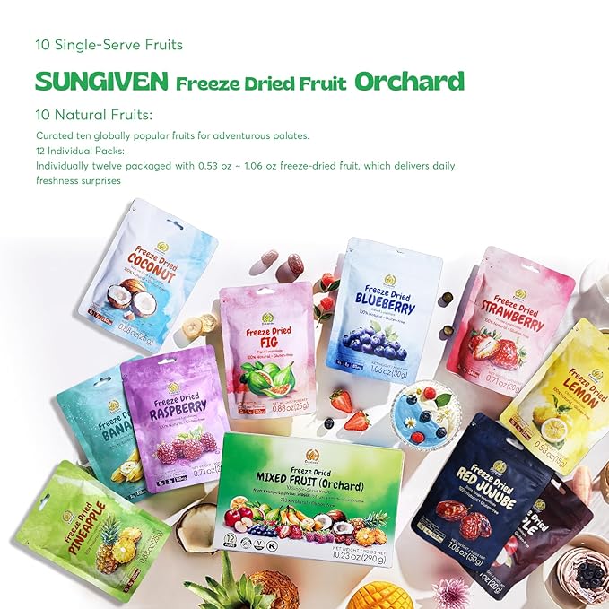 SUNGIVEN Mixed Freeze-Dried Fruit Variety Pack of 12 Bag Health Snack Freeze Dried Apple Banana Strawberry Blueberry Raspberry Coconut Mango Pineapple No Sugar Added 10.2 oz