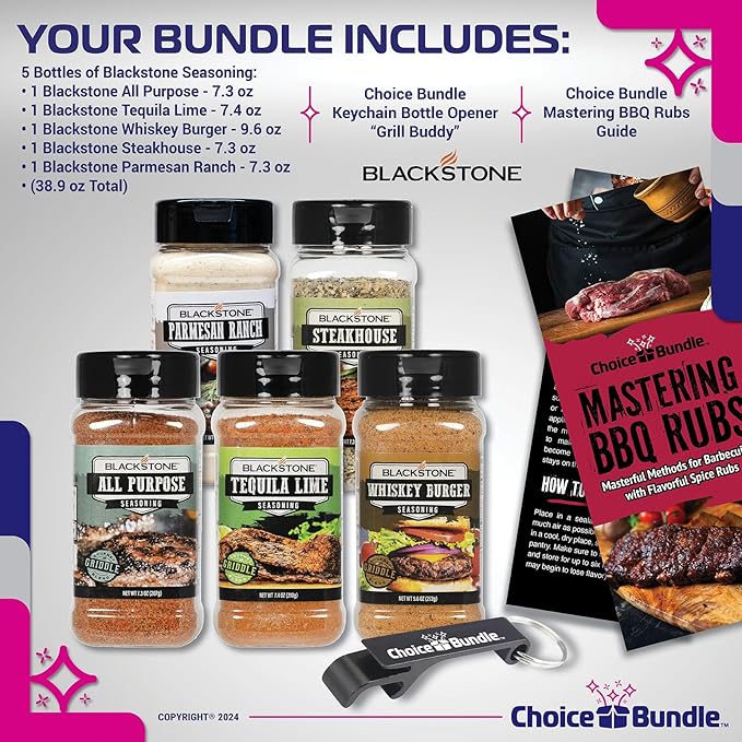 Blackstone Whiskey Burger Steakhouse Tequila Lime All Purpose Parmesan Ranch Premium Barbecue Griddle Seasoning Rub 5 Pk (38.9 oz) + BBQ Masters &amp Opener (7 Items)!