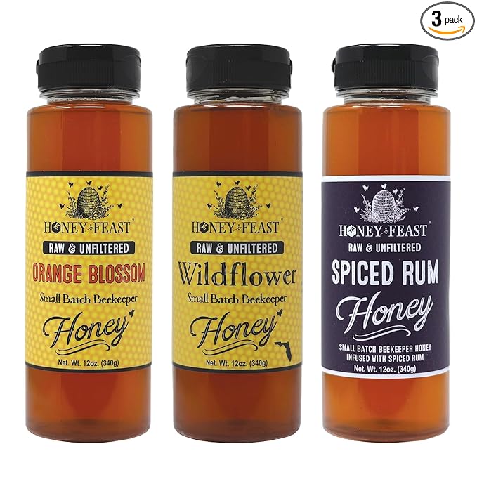 HONEY FEAST Dessert Honey Trio Gift Set – Includes 12oz Orange Blossom Wildflower and Spiced Rum– Perfect for Baking Drizzling Tea and Gourmet Desserts