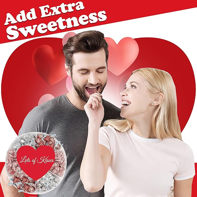 Valentine's Chocolate Candy Gift Box Hershey Milk Chocolate Kisses Assortment in Red and Silver Foils Heart Adorned 6 Sectional Tray Gift Basket for Wife Husband Couples Friends Men and Women