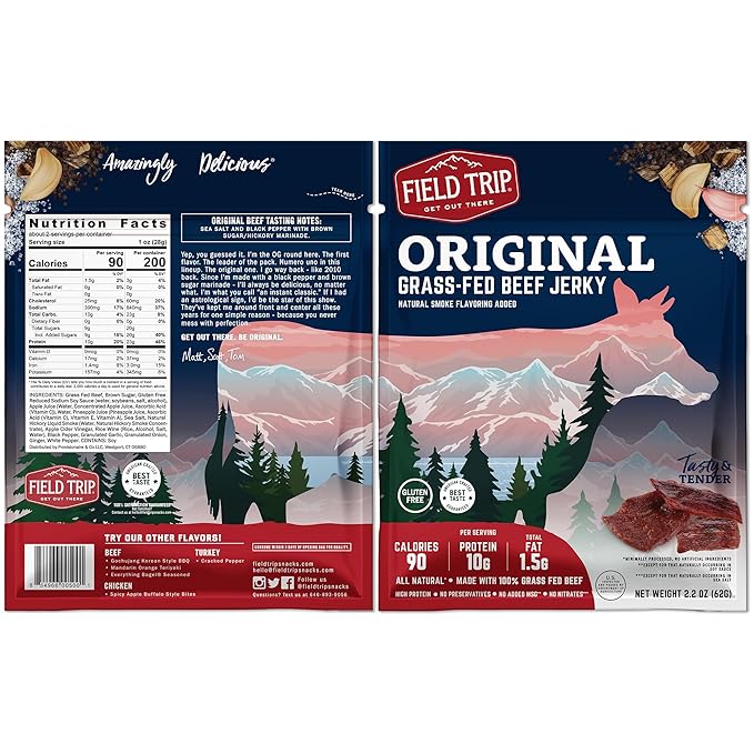 Field Trip Grass Fed Beef Jerky Healthy Gluten Free Snacks All Natural High Protein Snack with No Nitrates 2.2 Ounce Bag 4 Pack Original