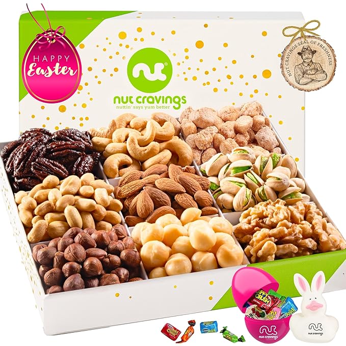 NUT CRAVINGS Gourmet Collection - Easter Treats Candies &amp Mixed Nuts Gift Basket with Happy Easter Ribbon Candy Filled Egg + Bunny (9 Piece Assortment)