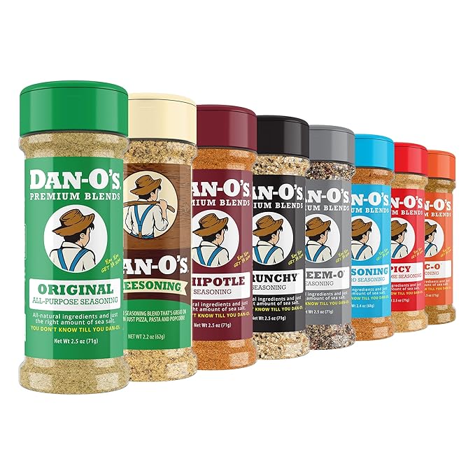 Dan-O’s Seasoning Variety Pack – 8 Bottle Set (Extra-Small Bottles) – Original Spicy Chipotle Crunchy Cheesoning Preem-O SEA-soning &amp Tac-O – All Purpose Sugar Free Zero Calorie Spice Set