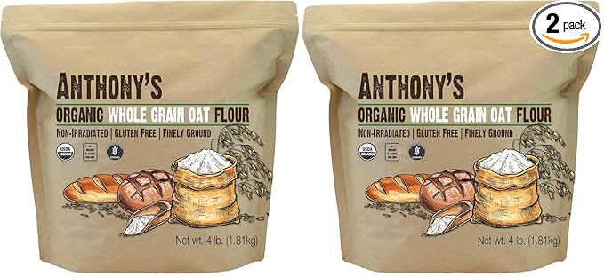 Anthony's Organic Whole Grain Oat Flour 4 lb Gluten Free Non GMO Non Irradiated Finely Ground Vegan (Pack of 2)