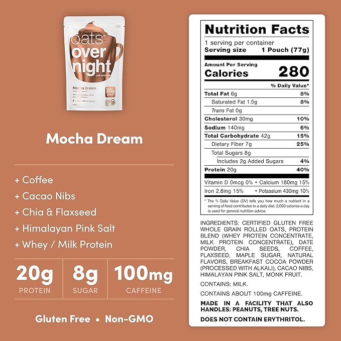 Oats Overnight - Mocha Dream - 20g Protein High Fiber Breakfast Shake 100mg Caffeine - Gluten Free Non GMO Oatmeal (2.7 oz per meal) (8 Pack)