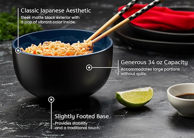 KooK Ramen Bowl Japanese Bowls Noodle Bowls Large Soup Bowl Ceramic Large Capacity For Ramen Pho Udon Soba Microwave and Dishwasher Safe 34 oz Set of 4 (Black/Navy)