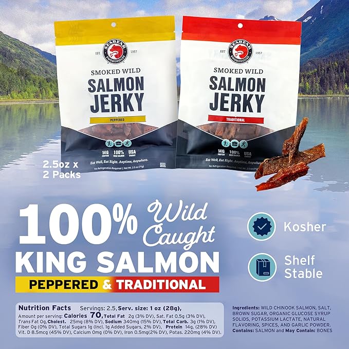 SeaBear Variety Traditional + Peppered Wild King Salmon Jerky 2-Pack Smoked Salmon Jerky Wild Caught Alaskan Salmon High-Protein Snack Cold Smoked &amp Ready to Eat Classic Smokehouse Flavor 2.5