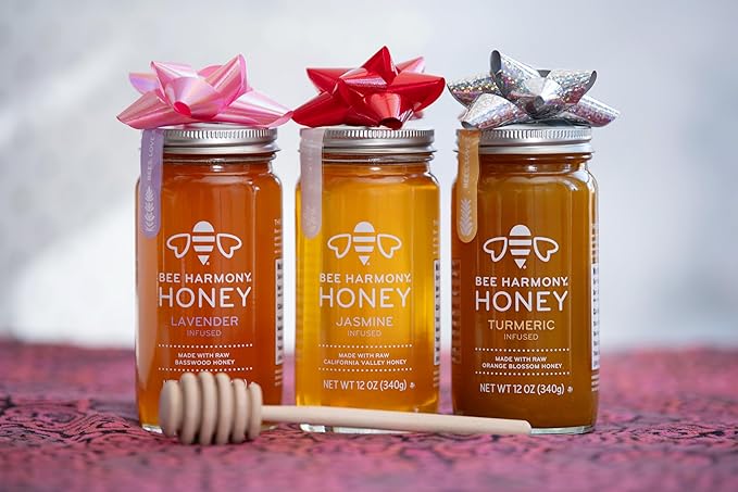 Bee Harmony Floral Infused Raw Honey Variety Pack (Lavender Jasmine and Turmeric) 12 OZ each