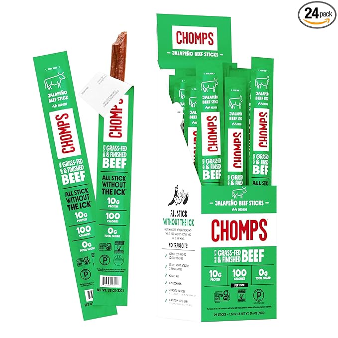 Chomps Grass-Fed and Finished Jalapeño Beef Jerky Snack Sticks 24-Pack - Keto Paleo Whole30 10g Lean Meat Protein Gluten-Free Zero Sugar Food Non-GMO