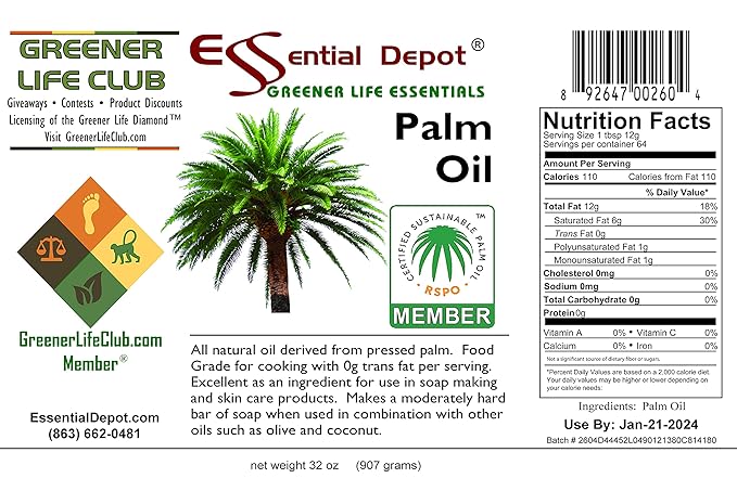 Essential Depot Palm Oil - 1 Quart - 32 oz - RSPO Certified - Sustainable - Food Grade - Kosher - Not Hydrogenated - Safety Sealed HDPE Container with Resealable Cap